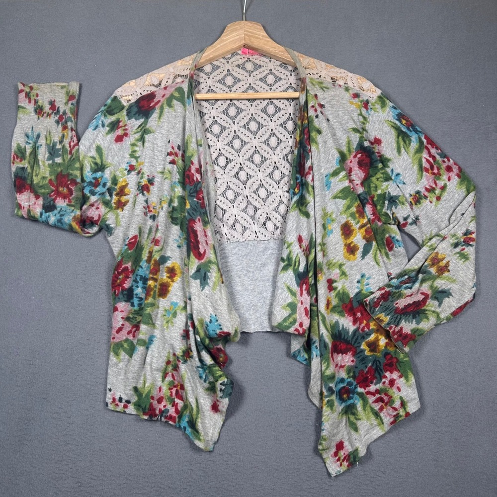 Women Floral Cardigan Gray Multicolor Lace Back Draped Open Front Boho Sweater